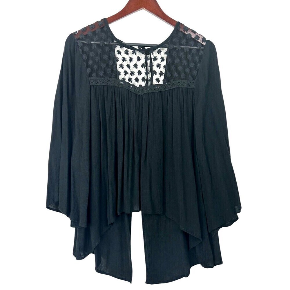 Fashion Fuse Womens Sz L Black‎ Top Sheer Open Back Flare Sleeve Lace Blouse H2